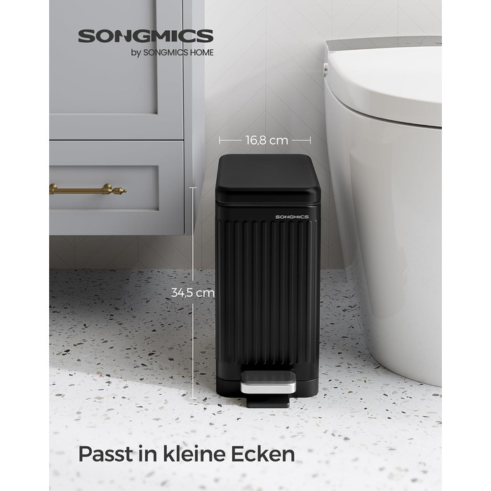 Смітник для косметики та ванної кімнати SONGMICS PATIA, 10 л, педальний з м'яким закриванням Softclose, сталевий, вузький, чорний (LTB562B01)