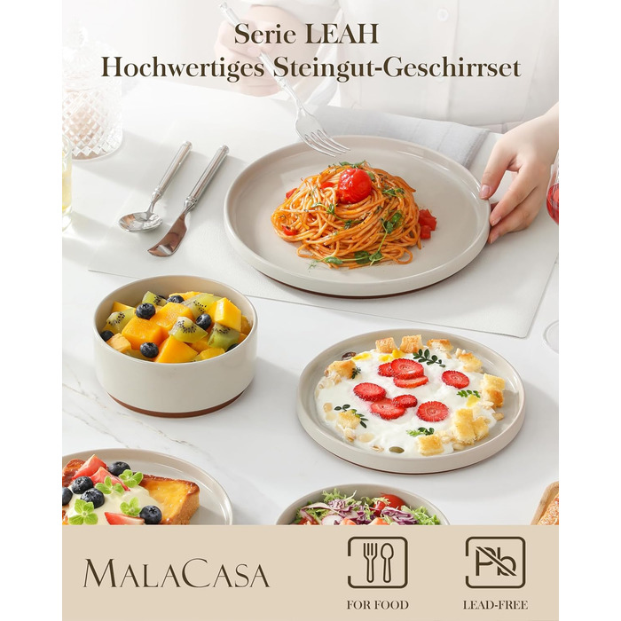 MALACASA Набір посуду з каменю 6 осіб, 18 предметів: тарілки, миски, керамічний сервіз з глазур'ю 