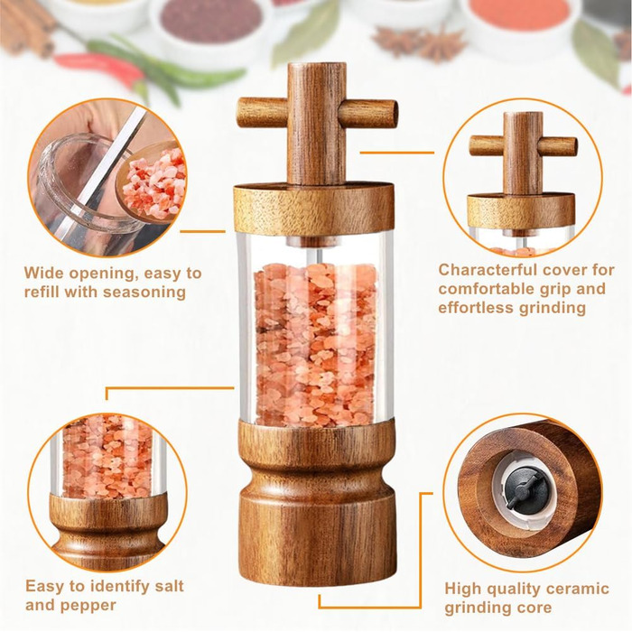 Auciej Pepper Grinder Wooden Salt Grinder Manual Spice Grinder Set with Adjustable Ceramic Grinder, Salt and Pepper Grinder with Coaster for Spices, Pepper, Salt, 2-Piece Set, Height: 18 cm