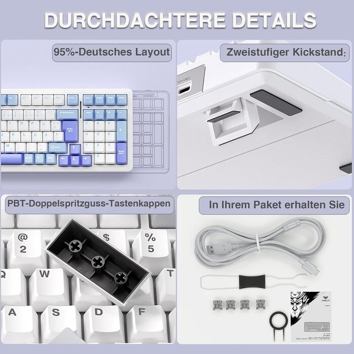 Механічна ігрова клавіатура AULA F99 з підсвічуванням RGB, PBT-клавіші, 8000mAh, 95% розмір, Bluetooth 5.0/2.4G/USB-C, Hot-Swap, Gasket Structure