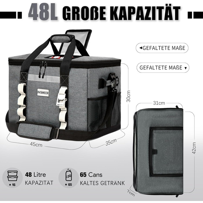 Сумка-холодильник INSMEER 48L: велика, містка, для пікніків, кемпінгу та пляжу (темно-сірий)