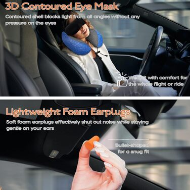 Подушка для шиї у літак - туристична подушка з Memory Foam - портативна подушка для подорожей - з 3D-маскою для сну та берушами - ідеальна для літака, авто, дому, офісу, подушка для сну (Блакитна)