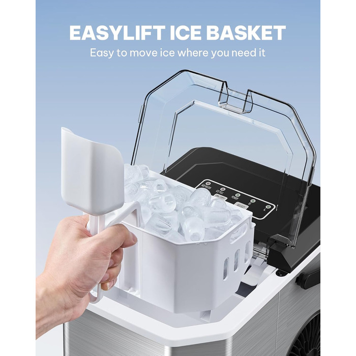 Машина для приготування льоду Silonn з ручним кошиком для льоду – портативна та самоочисна, міні-машина для льоду, 9 кубиків/6 хв, 12 кг/день, легке виймання кубиків льоду та використання будь-де (Edelstahl-IM21, 1.2 L)