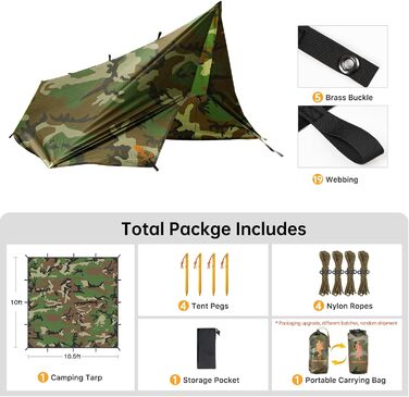 FREE SOLDIER Camo Tarp - 3m x 3.2m Waterproof Shelter - Ultralight Tent Footprint, UV Protection, Camping Sun Shade