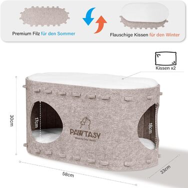 Felt Cat Cave Cat Bed, Cat House for Indoor Cats, Cave with 2 Soft and Warm Cushions, Winter-Proof, Protects Cat Claws, 58W x 33D x 30H cm, Beige