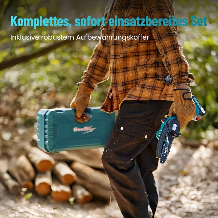 Акумуляторна міні-пила SEESII 6 дюймів з автоматичною подачею мастила, 8000mAh, для стрижки гілок та різання деревини