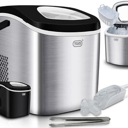 Машина для приготування льоду TOM – 9 кубиків за 6-8 хв – 12 кг/24 год – 2 розміри кубиків – з резервуаром 1,3 л – LED-дисплей – з аксесуарами та щипцями – срібна машина для льоду