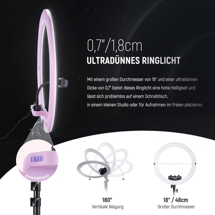 NEEWER Комплект кільцевого світла для фото та відео: 48 см, 52 Вт, регульоване LED світло, штатив, Bluetooth, рожевий (RP18B Pro)