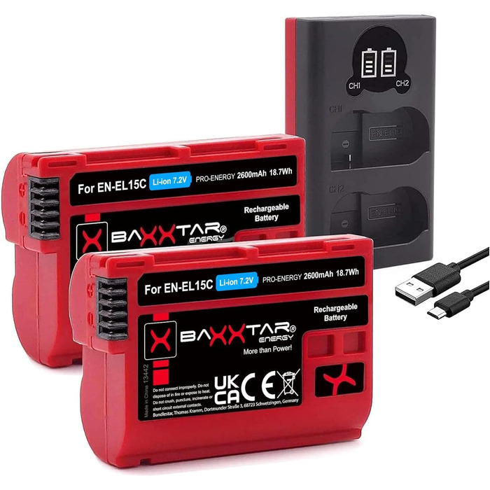 Акумулятор Baxxtar EN-EL15c 2600mAh з зарядним пристроєм Dual (LCD USB-C Micro-USB) для Nikon Z5, Z6 II, Z7 II, Z8, D500, D600, D610, D750, D780, D800, D810, D850, D7000, D7100, D7200, D7500, сумісний з EN-EL15b, ENEL15, EN EL15