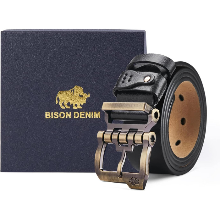 Чоловічий шкіряний ремінь BISON DENIM: стильний аксесуар для джинсів та ділового образу. Ширина 38 мм, колір чорний, з подарунковою коробкою (W71694-1bm-schwarz 110)