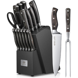 AMEGAT Self-Sharpening Knife Block Set with Carving Fork - Premium Stainless Steel Knife Set with Wooden Block - Vollerl & 3-Rivets Design