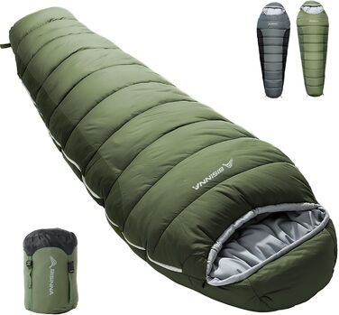 Сплячий мішок BISINNA Mumienschlafsack -10°C - 5°C [400GSM] для чотирьох сезонів, дорослий, водовідштовхувальний, YKK Zip, для відпочинку на природі, кемпінгу, трекінгу та подорожей (зелений)