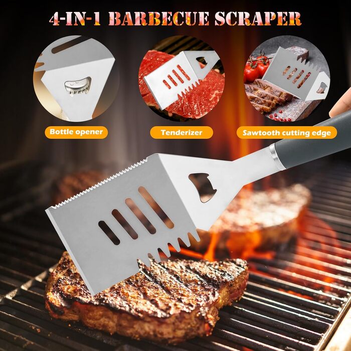 Набір аксесуарів для гриля Premium Grillzubehör Set 10-teilig Edelstahl Rostfrei - 10 предметів з нержавіючої сталі: шпатель, щипці, виделка, щітка для чищення. Для гриля, BBQ, кемпінгу, саду. Міцний набір для гриля.