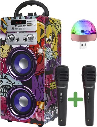 Караоке DYNASONIC з 2 мікрофонами, портативна караоке-машина, Bluetooth-колонки, USB та SD-картрідер, світлові ефекти, подарунок для дітей 5-13 років (025-12 Licht)