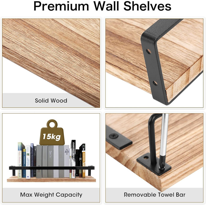 Настінна полиця з дерева, 2 шт. у наборі, рустикальний стиль, з тримачем для рушників, світло-коричневого кольору, для спальні, вітальні, ванної кімнати, кухні, офісу