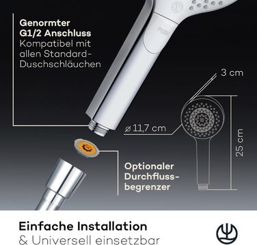 KLUDI-X3 Universal Shower Head with Hose, optional shower spray, water-saving with 3 spray patterns (Body, Hair, Skin), easy-to-clean shower head Ø 11.7 cm, shower hose 1.60 m