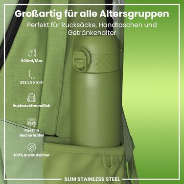 Ion8 Stainless Steel Drinking Bottle, 600 ml, Leak-Proof, One-Hand Operation, Secure Locking Mechanism, Dishwasher Safe, Flip-Top Lid, Carrying Handle, Easy to Clean, Durable & Scratch-Resistant (Stainless Steel, Khaki Green)