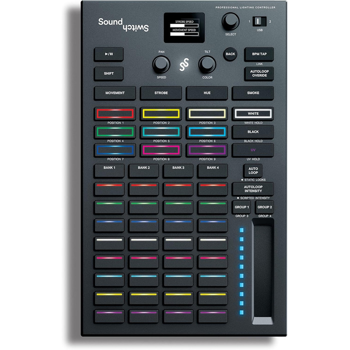 SoundSwitch Control One – Професійний контролер освітлення DMX для DJ з 3 місяцями доступу до програмного забезпечення SoundSwitch, підтримка DMX та Phillips Hue. Чорний колір