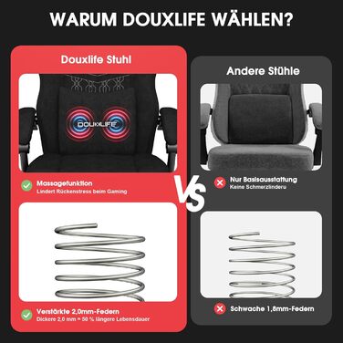 Ігровий крісло Douxlife з масажем, розширене пружинне сидіння, ергономічний офісний стілець для геймерів, стілець для комп'ютера з підніжкою, 158 кг, чорний