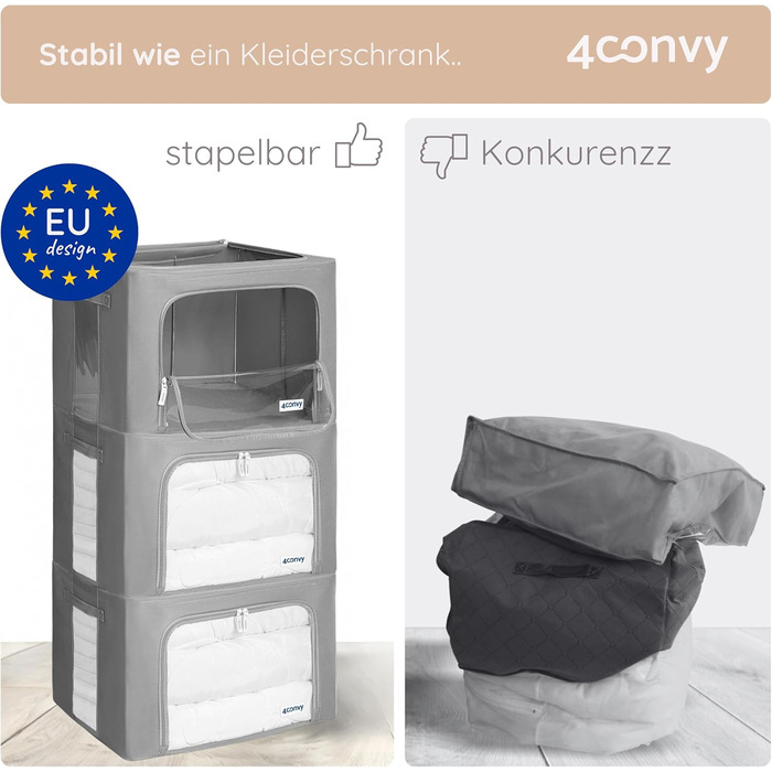 Sturdy Foldable Clothes Storage Box with Zipper, Metal Frame - [2024 IMPROVED MATERIAL] Duvet Storage Bag - Stable Storage Box for Clothes - (Dark Gray, 3x66L)