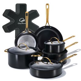 Набір посуду Chef Power Keramik 15 предметів: каструлі та сковороди з антипригарним покриттям, ручки з нержавіючої сталі, придатний для посудомийної машини та духовки, чорний з золотом