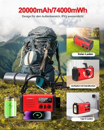Радіо Kurbelradio 20000mAh сонячне з ручним заводом, AM/FM, SOS, LED-ліхтарик, USB зарядка для телефону, аварійне радіо при відключенні електроенергії (Червоне)