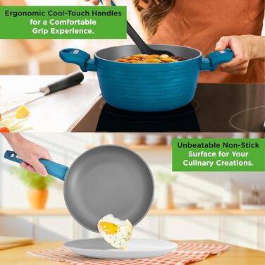 NutriChef Professional 12-Piece Nonstick Cookware Set – PFOA/PFOS-Free, Heat-Resistant Coating, Elegant Design, Pots and Pans in Various Sizes, Teal/Gray/Green