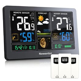 Newentor Weather Station Radio with 3 Outdoor Sensors - Radio Weather Station with Weather Forecast, Temperature Warning, DCF Radio Clock - Battery Powered and Mains Powered, Black 1*Station + 3*Outdoor Sensor Black