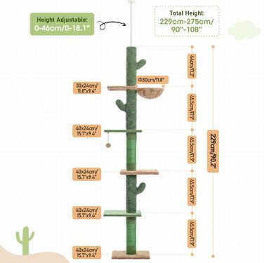 Комплекс для котів PAWZ Road, 5-ярусний, від підлоги до стелі, регульована висота, великий ігровий центр з когтеточкою, зручне ліжко, м'ячик-іграшка для котів/кошенят (зелений)