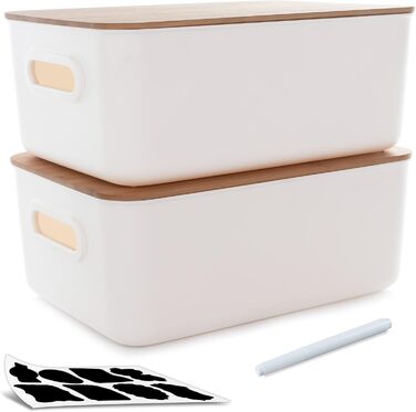 Kerhouze 2 PCS Storage Box with Bamboo Lid White Storage Plastic Box for Organization Stackable Storage Boxes with Handle for Kitchen Bathroom 38.4 * 27 * 15.2cm, 13L