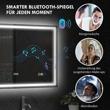 Дзеркало для ванної кімнати HOMCOM з підсвічуванням 100x80 см, LED, Bluetooth, годинник, 3 кольори світла, антизапар, сенсорне керування, срібне