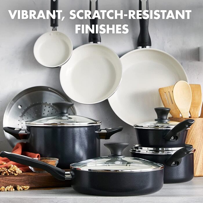 GreenPan Rio Healthy Ceramic Non-Stick 16-Piece Cookware Set with Frying Pans, Sauce Pans, PFAS-Free, Stay-Cool Handle, Oven Safe up to 160°C, Dishwasher Safe, Black & Crème Cookware Set 16-Piece Black & Crème