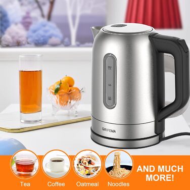 Електричний чайник GRIFEMA 0.8L, 1100W з фільтром від накипу, тихий, швидкий, без BPA, для подорожей, автоматичне відключення, захист від перегріву, білий (нержавіюча сталь 1.7L)