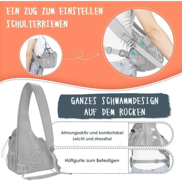 Dog-friendly sling carriers, hands-free travel bag for small pets with adjustable straps, hardboard base, safety belt, for dogs up to 2.8kg, wider version, gray