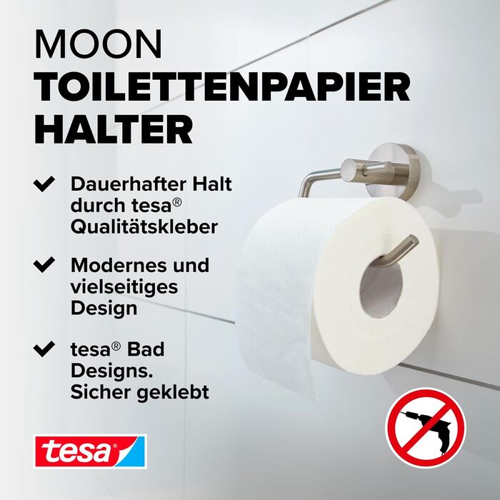 Тримач для туалетного паперу tesa Moon, хромований, настінний без свердління (на клейокій основі), круглий, 138x105x50 мм