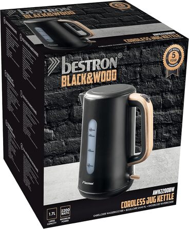 Bestron 1.7L Electric Kettle with 360° Base - Auto Shut-Off & Boil-Dry Protection - 2200W - Black/Wood Finish