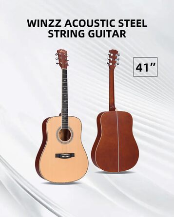 Акустична гітара Winzz 4/4 для початківців, 41 дюйм з чохлом, тюнером, ремінком, медіатором, запасним струною та підставкою (натуральний колір)