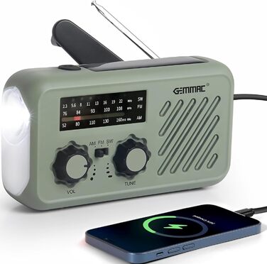 Радіо на сонячній батареї з ручкою та акумулятором 2000mAh, SOS-сигнал, ліхтарик, AM/FM, USB, для кемпінгу та подорожей