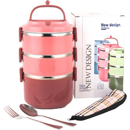 SANQIAHOME 3-Tier Stackable Stainless Steel Lunchbox, Leakproof, Pink