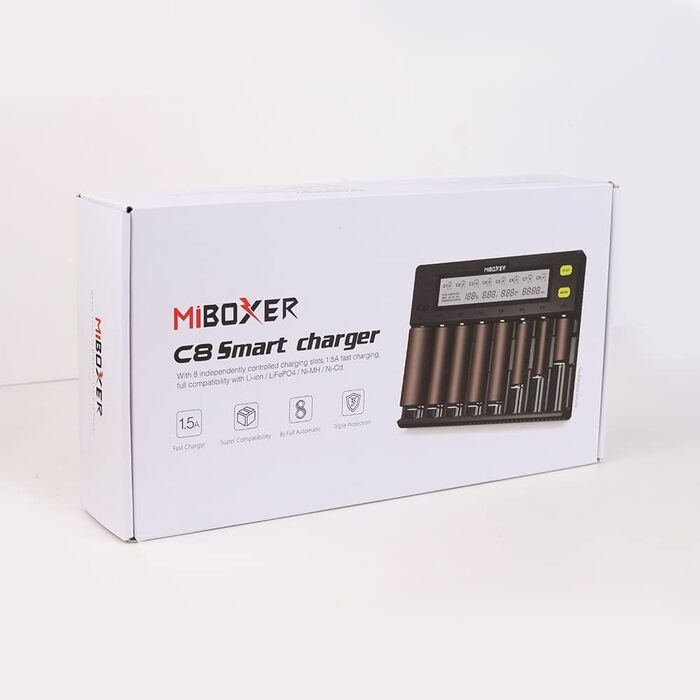 Зарядний пристрій для акумуляторів AUKSKY з LCD-дисплеєм (8 слотів) - універсальний заряд для NI-MH, NI-Cd, AA, AAA, 14500, 18350, 21700, 26650, Li-Ion, LiFePO4, RCR123A, 1.5A