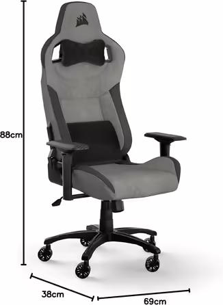 Ігрове крісло Corsair T3 RUSH Fabric 2023, автомобільний стиль, тканинне покриття, подушка для шиї, ортопедична підтримка попереку, сіре та антрацитове