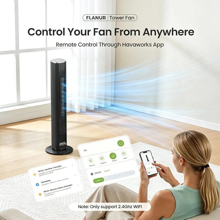 Вентилятор вежовий FLANUR WiFi Alexa 108 см, тихий (25 дБ), з пультом, 4 режими, 90° осциляція, таймер 12 год, чорний