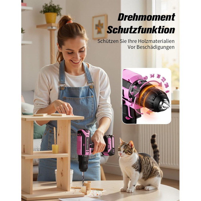 Акумуляторний шурупокрут-дрель 20V, 56 шт. у наборі, 42Nm, LED-підсвітка, рожевий, для дому та майстерні