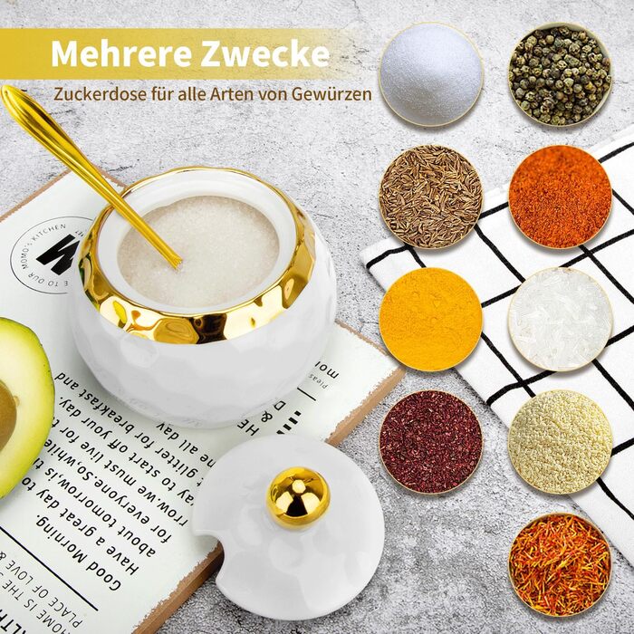 Керамічні солянки та цукерниці з кришкою та ложкою, зелений малюнок мармуру (білий)