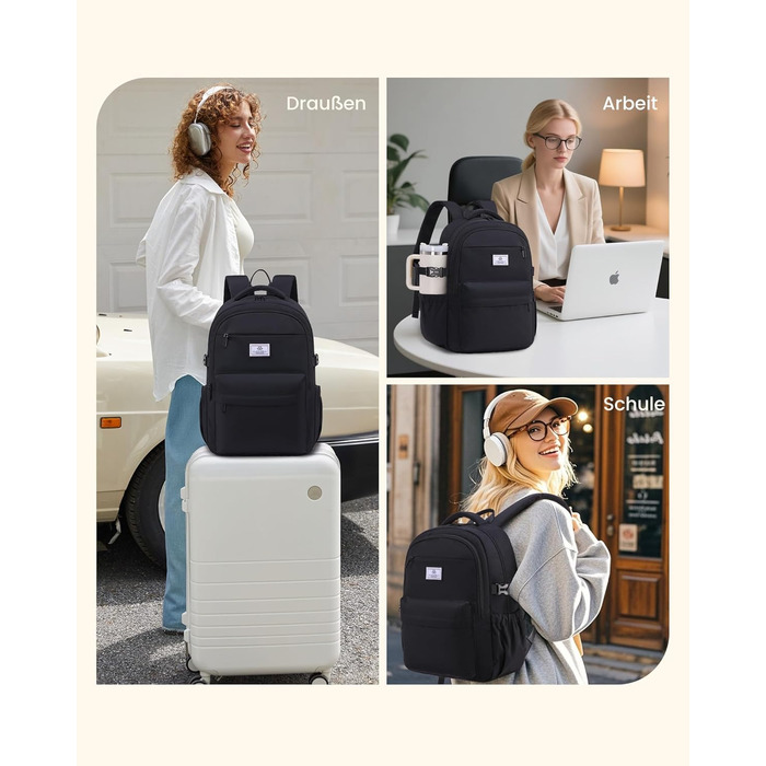 LOVEVOOK Рюкзак для жінок, 15.6 дюймів, рюкзак для ноутбука, шкільний рюкзак для дівчаток-підлітків, водонепроникний, з багатьма відділеннями, сучасний рюкзак для роботи, школи, подорожей, чорний