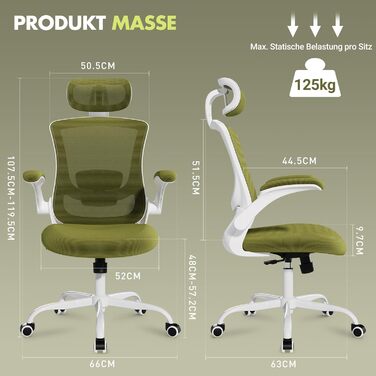 Офісне крісло Colamy з ергономічною підтримкою спини, регульованою підголівником та поперековою підтримкою, поворотне, (Зелений, Classic)