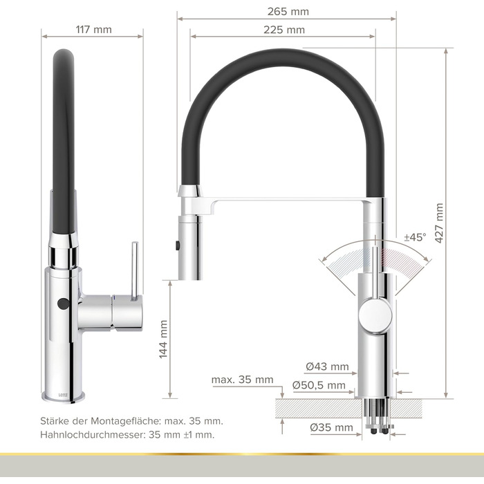 Кухонний змішувач Lenz NALU - матовий, з висувною лійкою, 2 режими, економія води, антижир, монтаж зверху, 46070422 (хром)