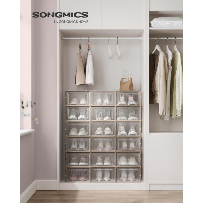 SONGMICS Shoe Boxes, 18-Piece Set, Plastic Shoe Organizer, Foldable and Stackable, for Shoes up to Size 44, Transparent-White LSP18SWT (Transparent + Oatmeal Beige, 18-Piece Set for Shoes up to Size 44)
