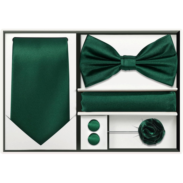 Набір краваток Tie G U Style (5 шт.) для чоловіків: однотонні краватки, сатинова метелик, нагрудна хустинка, реверс, кравецькі затискачі. Колір: A-Hunter Green