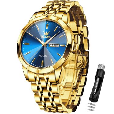 Годинник чоловічий OLEVS Automatik Skelett з автопідзаводом, механічний, люкс, з діамантами, сапфірове скло, вологостійкий, браслет з вольфрамової сталі, золотий/блакитний, 3615-gold/Blau